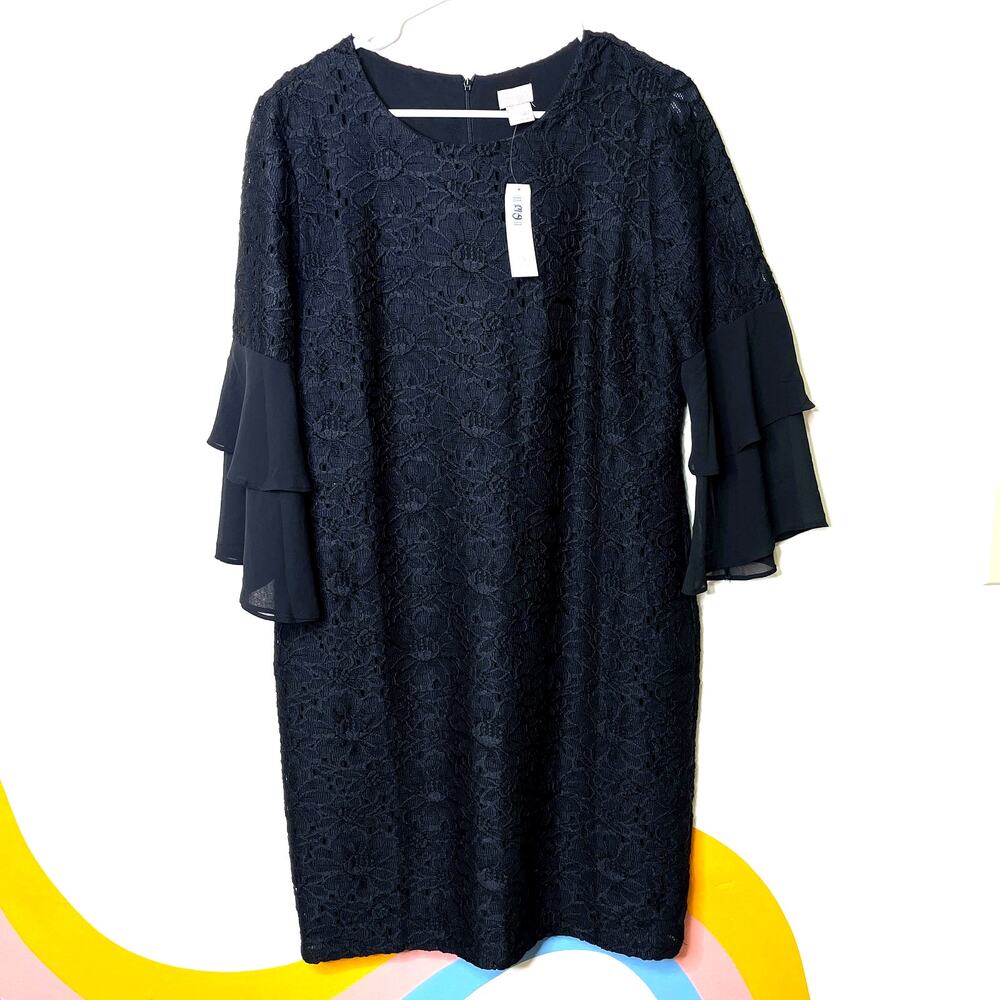 Chico's Lace Midi Dress 10 / 1.5 Black Embroidered Lace Tiered Bell Sleeve‎ NWT